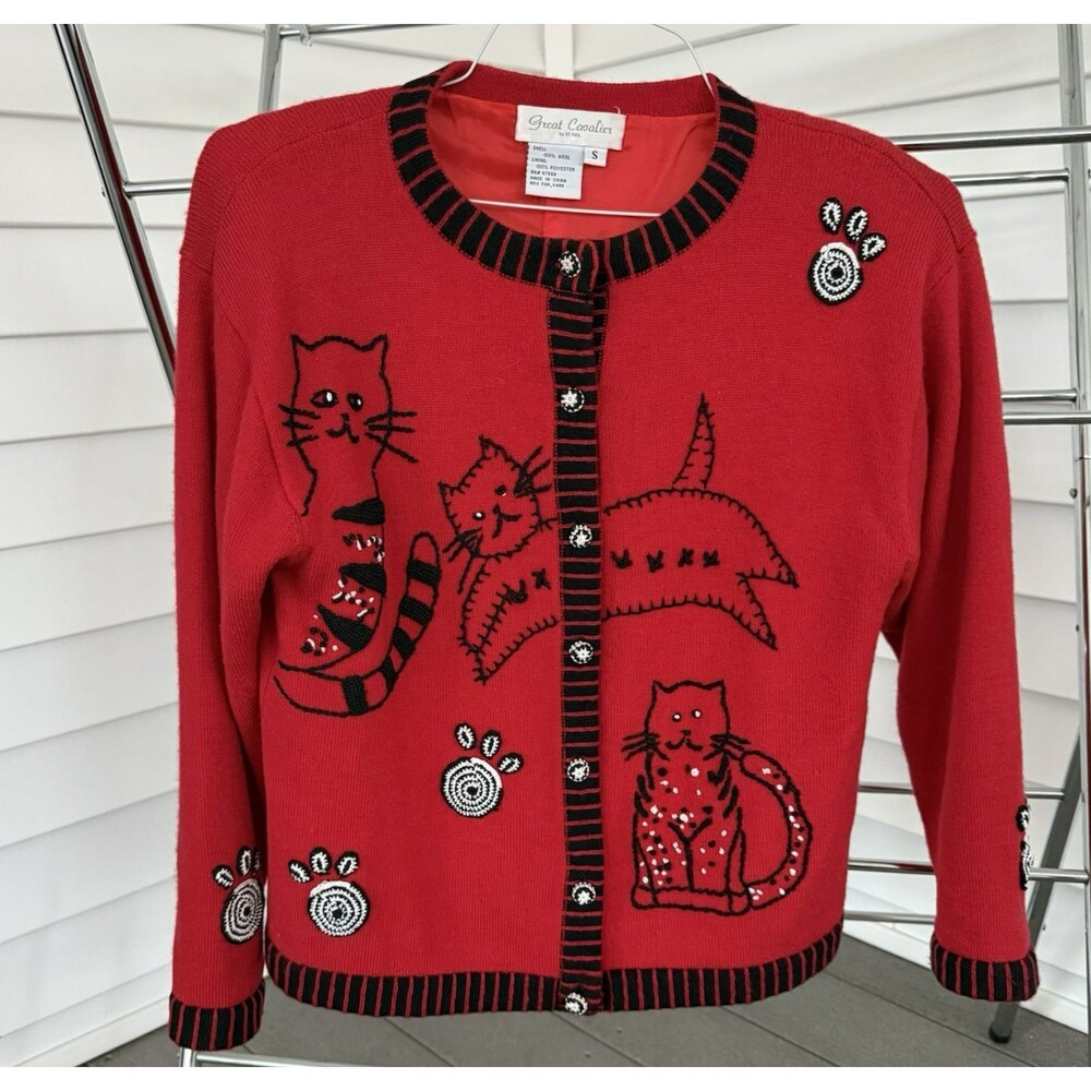 Women's Great Cavalier 100% Wool Kitty Cat Cardigan Sweater Red Embroidery S